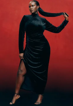 Mock Neck Velvet Dress With Slit