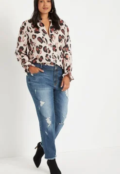 Printed Button Down Shirt with Ruffle Neck