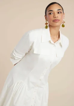 Shirred Godet Flare Poplin Dress
