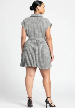 Tweed Pleated Mini Shirt Dress