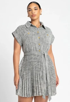Tweed Pleated Mini Shirt Dress