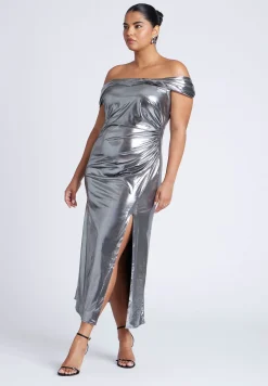 Twist Neck Lame Maxi Dress